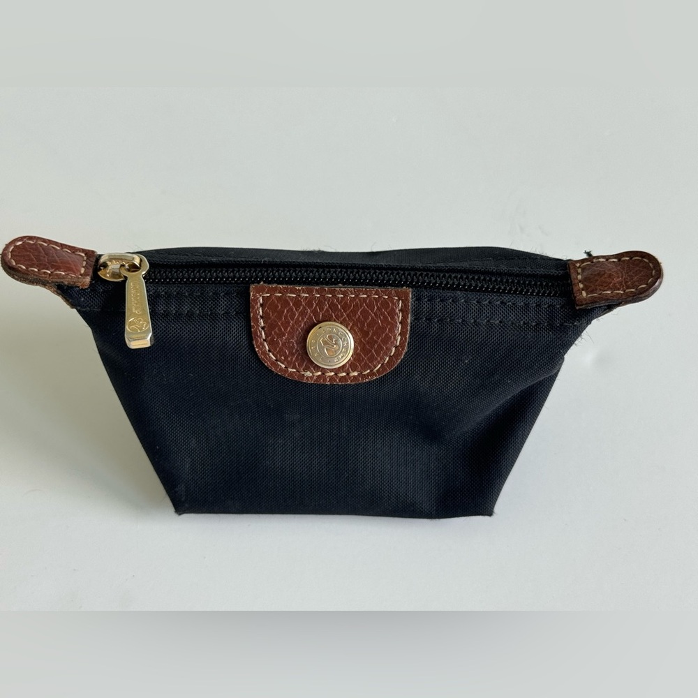 Longchamp Miniature Coin Purse Black Canvas Brown Leather With Gold Hardware